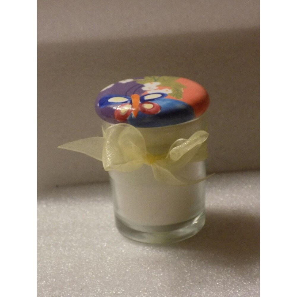 Glass Unscented Candle Ceramic Porcelain Butterfly & Flowers Painted Top 6.2 Oz